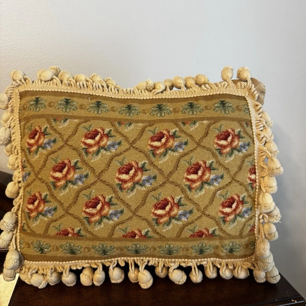 Vintage 100% Wool Embroidery Pillow 16X12